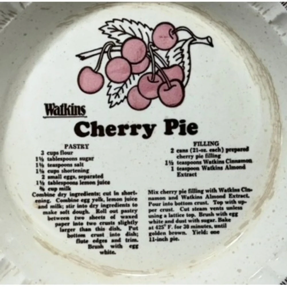 Vintage Watkins Cherry Pie Recipe Plate 11 Inch Stoneware Ceramic Dish USA 6294